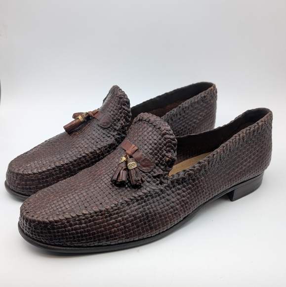 Authentic Vintage Gucci Woven Brown Leather Tassel Mens Loafer US 10.5 44.5 - Picture 1 of 9